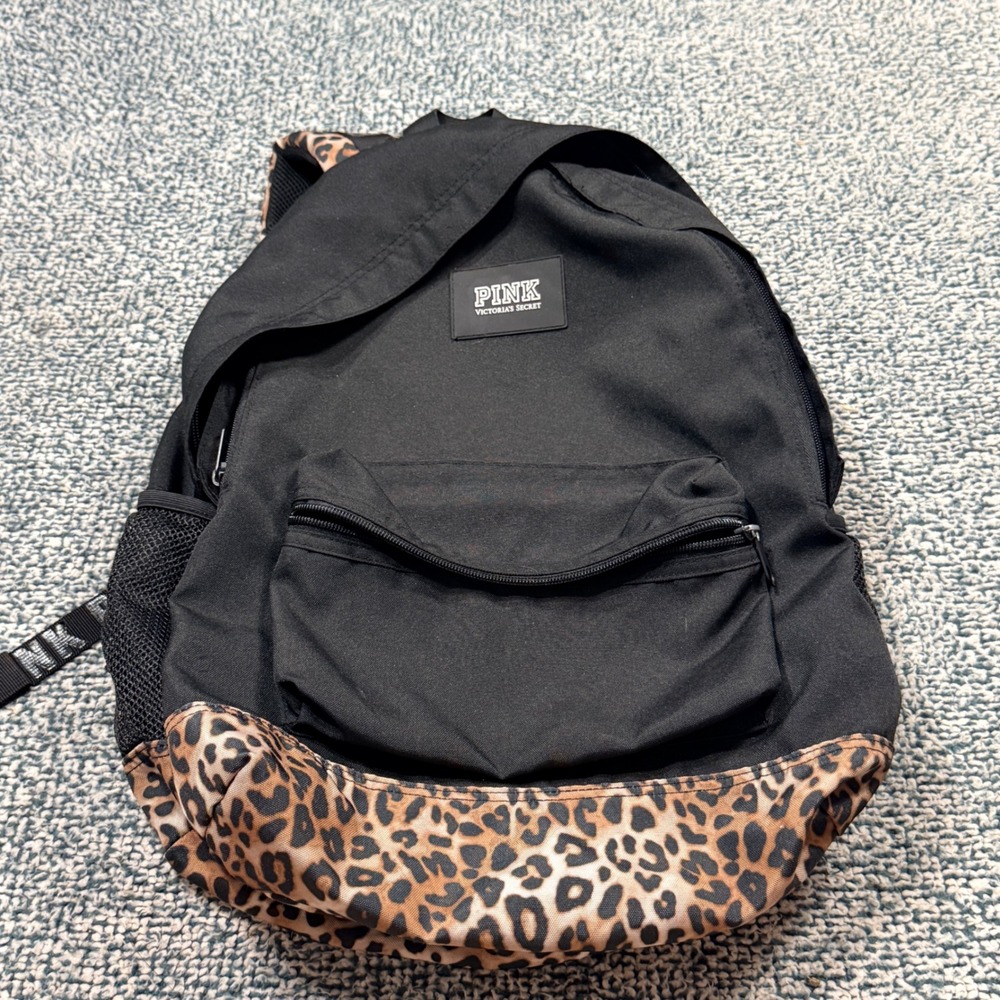 Victoria's Secret PINK Black Leopard Print Canvas Backpack Logo Straps